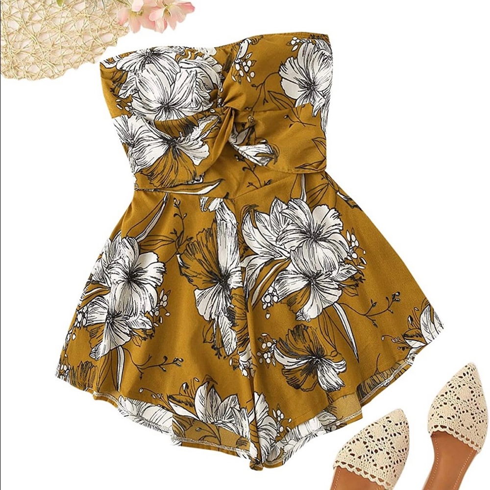 Floral Print Strapless Romper Short Jumpsuit